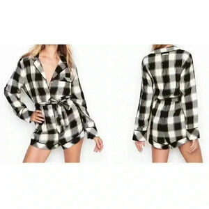 New VICTORIAS SECRET flannel tie romper pajamas black white buffalo plaid XL